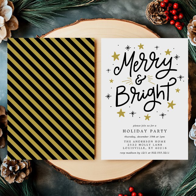 Merry & Bright Black and Gold Holiday Party Invitation (Creator Uploaded)
