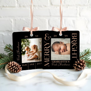Merry & Bright Black Baby First Christmas Photos Metal Ornament