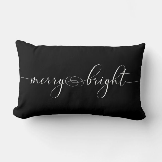 Merry Bright Black Calligraphy Holiday Christmas Lumbar Pillow (Front)