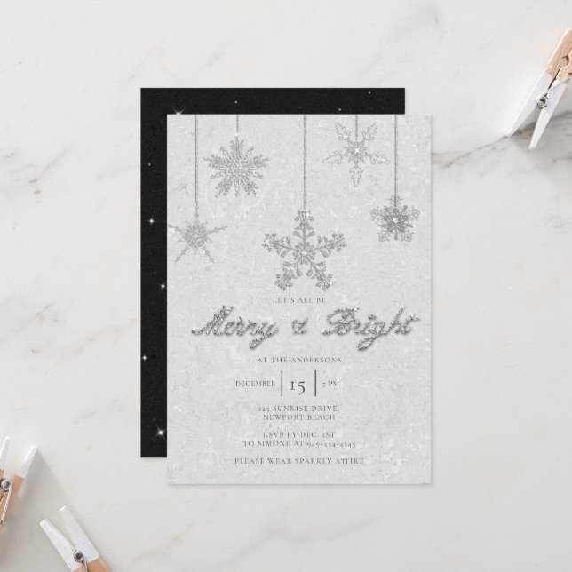 Merry Bright Black White Rhinestone Chic Christmas Invitation (Front/Back In Situ)