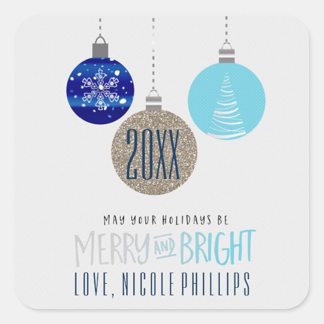 Merry & Bright Blue Ornaments Hang Holiday Sticker (Front)