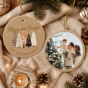 Merry & Bright Brown Personalized Christmas Photo Ceramic Ornament