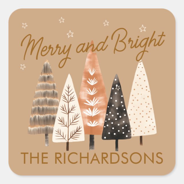 Merry & Bright Brown Personalized Christmas  Square Sticker (Front)