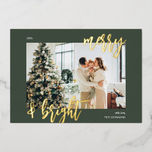 Merry Bright Brush Script Photo Green Foil Holiday Card
