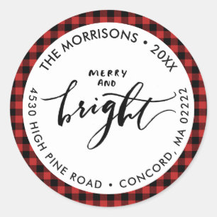 Merry Bright Buffalo Plaid Christmas Your Address Classic Round Sticker