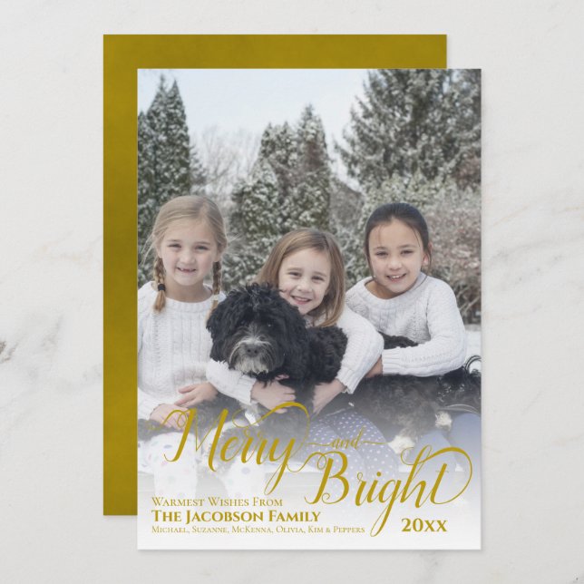 Merry & Bright Calligraphy Script Gold Photo Holiday Card (Front/Back)