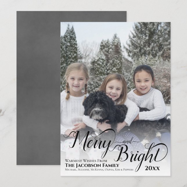 Merry & Bright Calligraphy Script Grey Photo Holiday Card (Front/Back)
