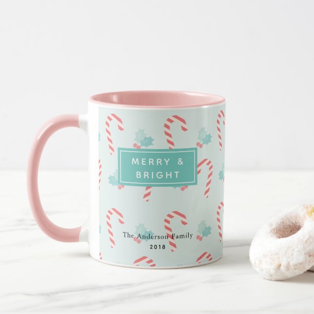 Merry & Bright Candy Cane Pattern Photo Mug (With Donut)