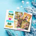 Merry Bright Christmas 4 Photo Collage Magnet Card<br><div class="desc">Cute and cheerful family photo collage holiday magnetic cards featuring a colourful strand of Christmas lights wrapped around your kids photograph. May Your Days Be Merry and Bright written in bold letters from light blue to your family name in hot pink on magnets. A rainbow of colours for the holidays....</div>