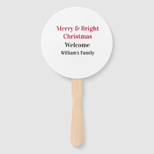 Merry Bright Christmas add family name welcome joy Hand Fan (Front)