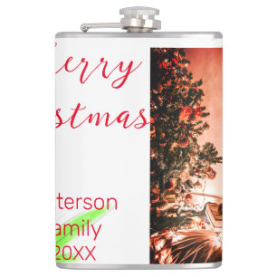 Merry Bright Christmas add family name welcome joy Hip Flask