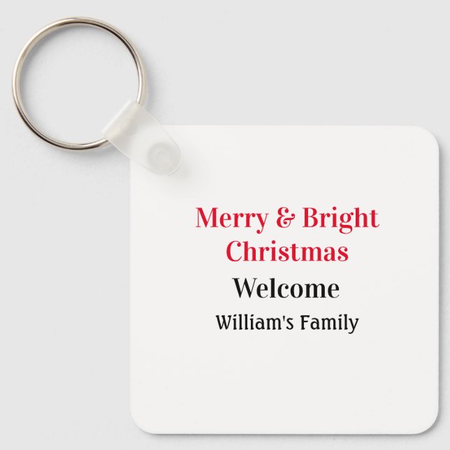 Merry Bright Christmas add family name welcome joy Keychain (Front)
