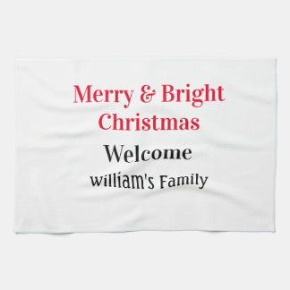 Merry Bright Christmas add family name welcome joy Kitchen Towel