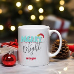 Merry & Bright Christmas Blue Red Festive Add Name Coffee Mug<br><div class="desc">This cute, girly Merry & Bright design was created using a fun modern script font and my hand lettered block font in a retro 80's style in light blue and red. It features my hand painted Santa hat with holly and berries for a festive holiday look. Add your name to...</div>