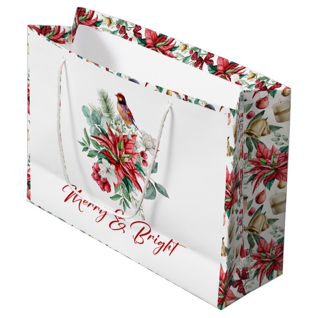 Merry & Bright Christmas Botanical flowers Large Gift Bag (Front Angled)