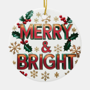 Merry & Bright Christmas Ceramic Circle Ornament 