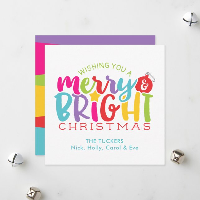 Merry & Bright Christmas Colourful Cute Holiday Card (Front/Back In Situ)
