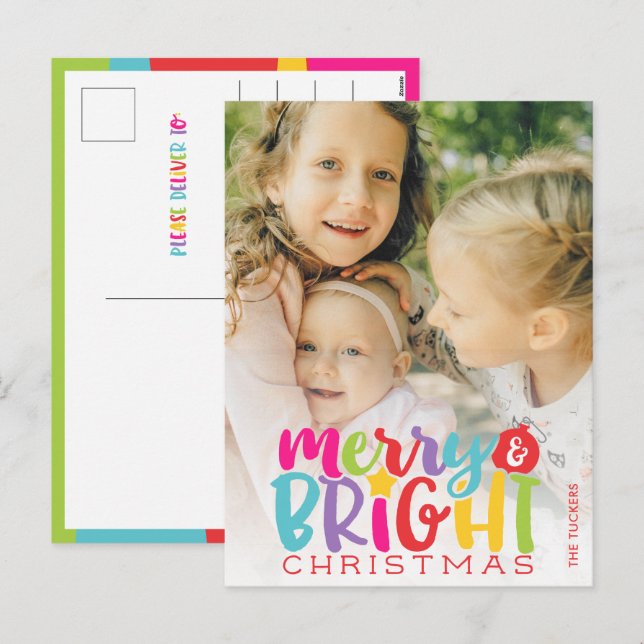 Merry & Bright Christmas Colourful Cute Holiday Postcard (Front/Back)