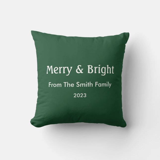 Merry & Bright Christmas Custom Name Hunter Green Outdoor Pillow (Front)