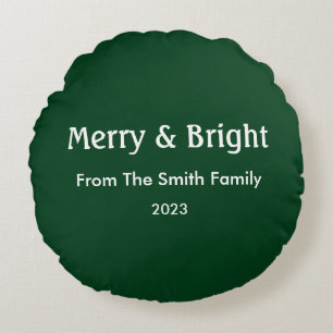 Merry & Bright Christmas Custom Name Hunter Green Round Pillow