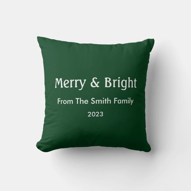 Merry & Bright Christmas Custom Name Hunter Green Throw Pillow (Front)
