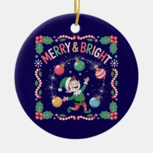 Merry & Bright Christmas Elf Cute Holiday Ceramic Ornament