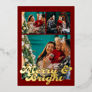 Merry & Bright Christmas Family Photos Red Gold Foil Holiday Card