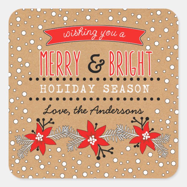 Merry & Bright Christmas. Floral Kraft Paper Square Sticker (Front)