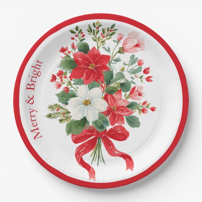 Merry & Bright Christmas Flower Bouquet Paper Plate (Front)