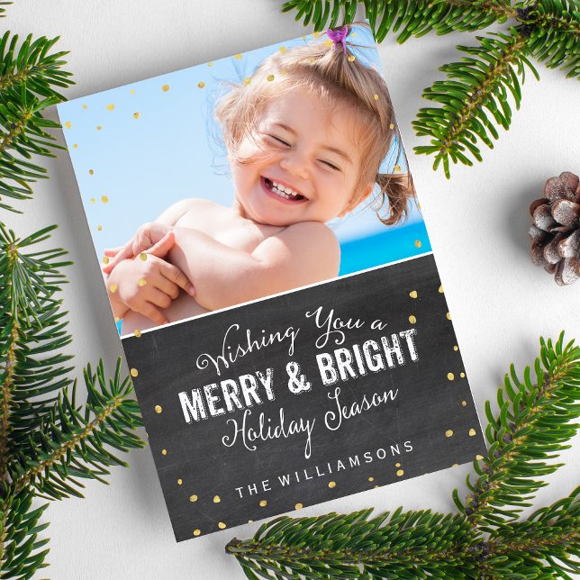 Merry & Bright Christmas Gold Confetti Photo Holiday Card (Creator Uploaded)
