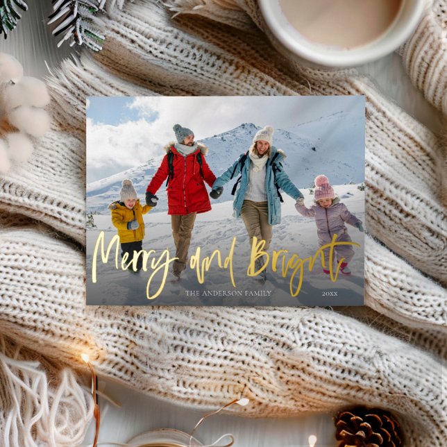 Merry & Bright Christmas Gold Foil & Photo Foil Holiday Postcard (Creator Uploaded)
