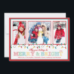 Merry & Bright Christmas Lights 3 Photo Greeting Holiday Card<br><div class="desc">Popular and trendy christmas holiday photo greeting card for three family photos featuring a string of christmas lights with the saying "May your holidays be merry & bright set on a whit background with a red and turquoise blue border. The back of our unique photo christmas card features a red...</div>