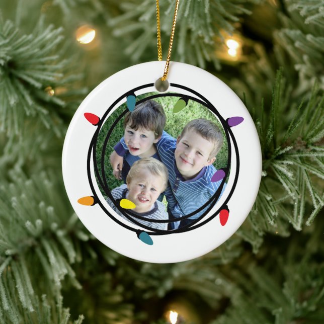 Merry & Bright Christmas Lights Photo Ceramic Ornament (Tree)