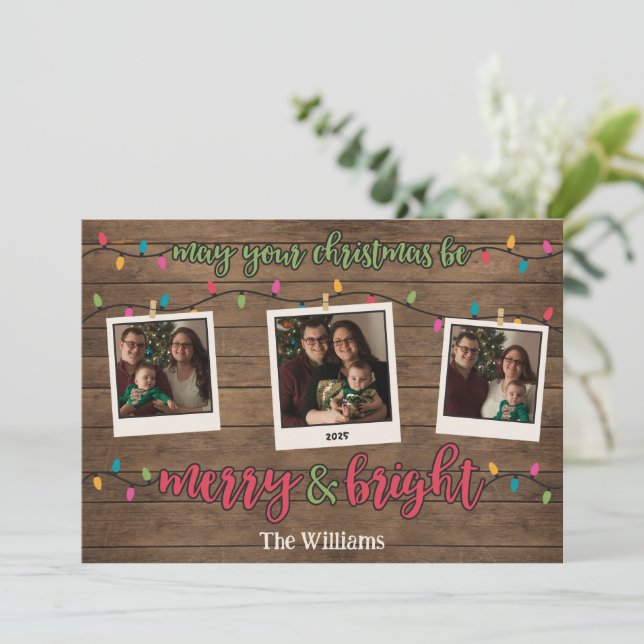 Merry & Bright Christmas Lights Photo Polaroids Holiday Card (Standing Front)