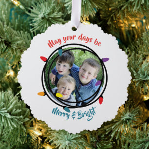 Merry & Bright Christmas Lights with photo Ornament Card
