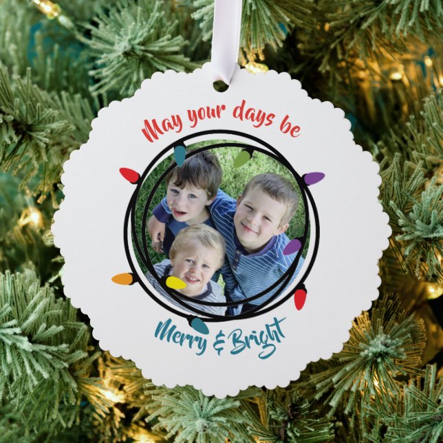 Merry & Bright Christmas Lights with photo Ornament Card (Insitu (Tree))