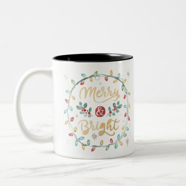 Merry & Bright Christmas Lights Wreath Holiday Mug (Left)