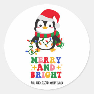 Merry & Bright Christmas Penguin Classic Round Sticker