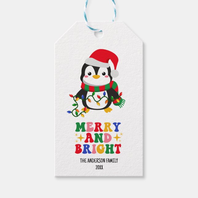 Merry & Bright Christmas Penguin Gift Tags (Front)