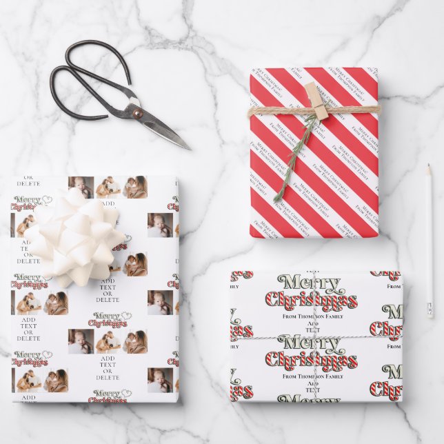 Merry Bright Christmas Photo Candy Cane Red White Wrapping Paper Sheet (Front)