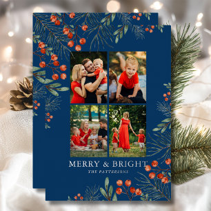 Merry & Bright Christmas Photo Collage Floral Foil Holiday Card