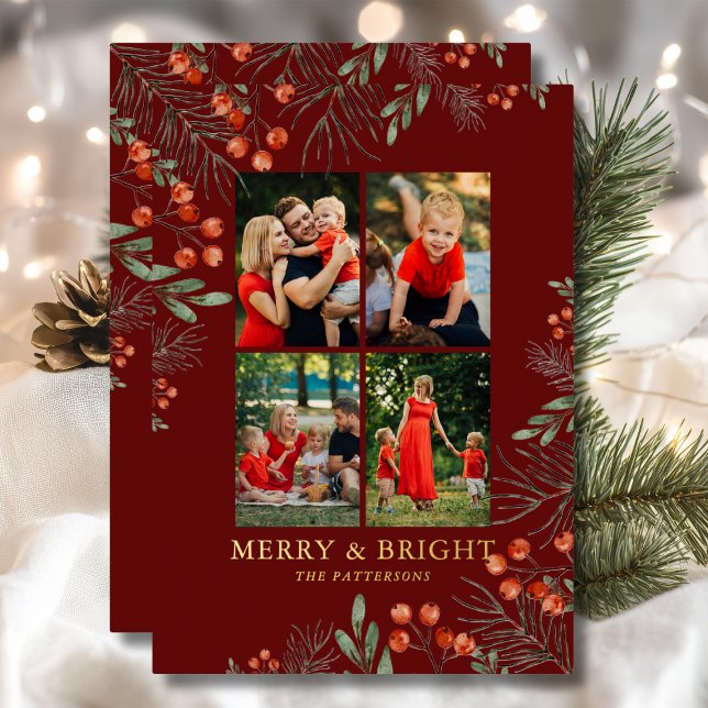 Merry & Bright Christmas Photo Collage Floral Foil Holiday Card (Creator Uploaded)