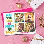 Merry Bright Christmas Photo Collage Pink Holiday Card<br><div class="desc">Cute and cheerful family photo collage holiday cards featuring a colourful strand of Christmas lights wrapped around your kids photograph. May Your Days Be Merry and Bright written in bold letters from light blue to your family name in hot pink. A rainbow of colours for the holidays. Add your favourite...</div>