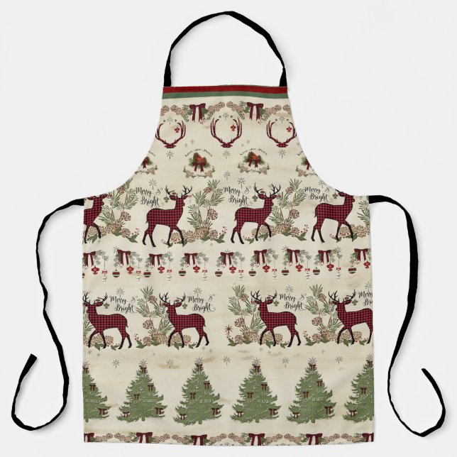 Merry Bright Christmas Pine Tree Deer Rustic Wood Apron (Front)