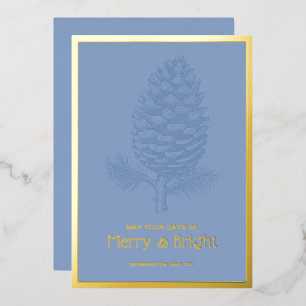 Merry & Bright Christmas Pinecone Blue Corporate Foil Holiday Card