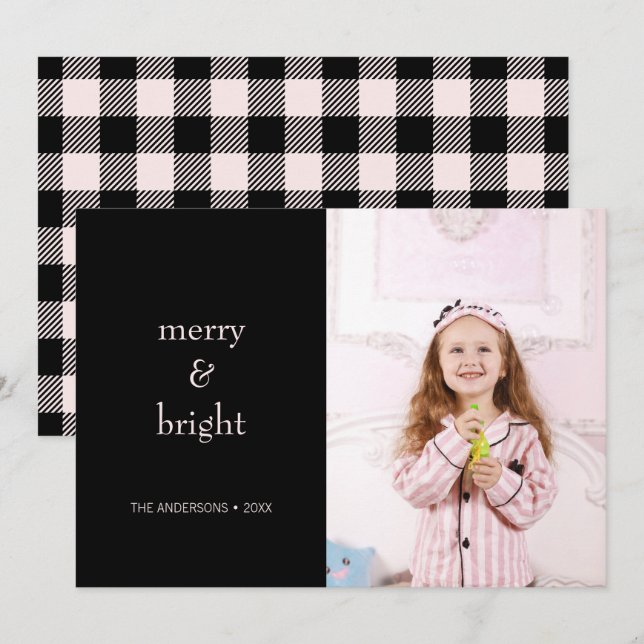 Merry & Bright Christmas Pink and Black Photo Holiday Card (Front/Back)