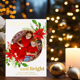 Merry & Bright Christmas Poinsettia Photo Gold Foil Holiday Card