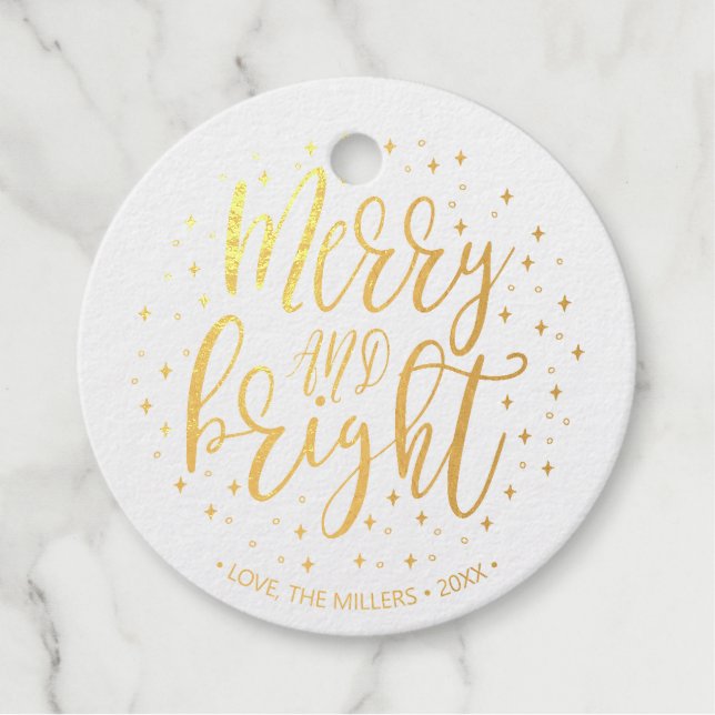 Merry & Bright Christmas Real Gold Foil Gift Tag (Front)