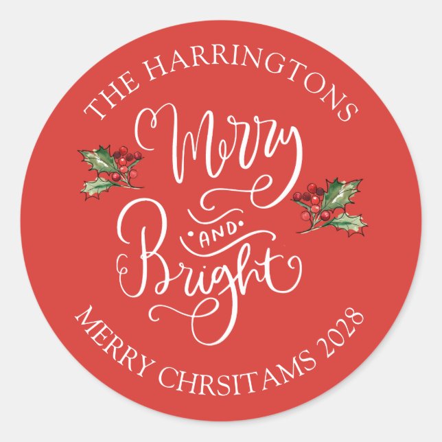 Merry Bright Christmas Red Personalized Party Classic Round Sticker (Front)