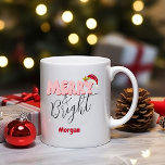 Merry & Bright Christmas Retro Red Pink Add Name   Coffee Mug<br><div class="desc">This cute, girly Merry & Bright design was created using a fun modern script font and my hand lettered block font in a retro 80's style in pink and red. It features my hand painted Santa hat with holly and berries for a festive holiday look. Add your name to personalize...</div>